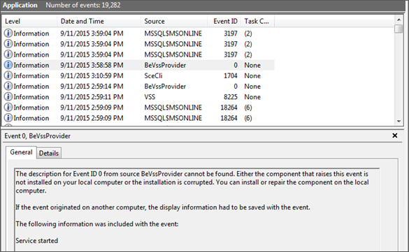 vss and spp application event logs