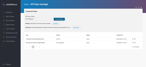 SCADAfence API Key Management