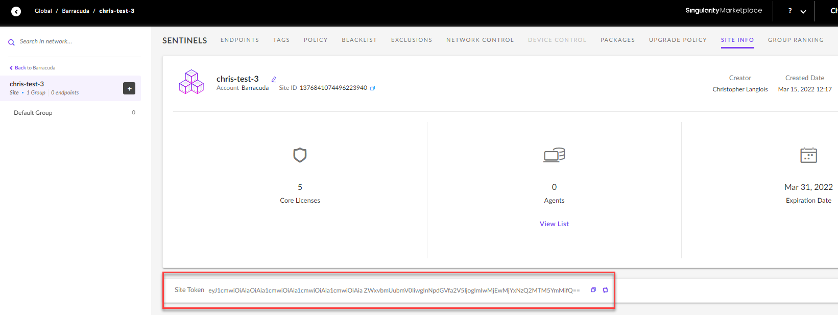 Deploying the SentinelOne Agent: Finding your SentinelOne Site Token ... image.